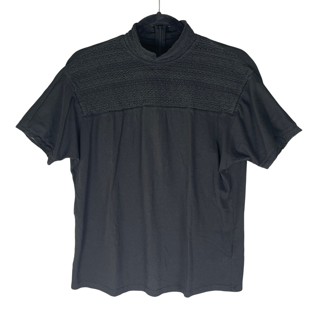 Lauren Ralph Lauren Mock Neck Top Womens Medium Black Very Good Lace Yoke Knit